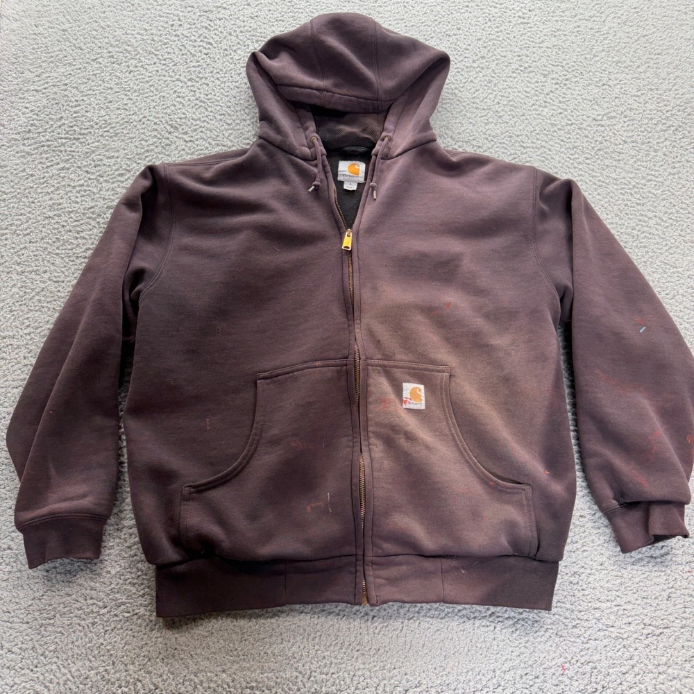 Carhartt Full Zip Hoodie Mens L Brown Paint Distressed Faded Workwear Thermal